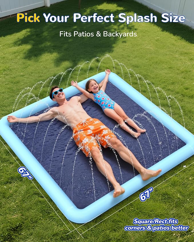 VISTOP Non-Slip Splash Pad for Kids and Dog, Thicken Sprinkler Pool Summer Outdoor Water Toys - Fun Backyard Fountain Play Mat for Baby Girls Boys Children or Pet Dog (67 * 67 inch, Blue&Blue)