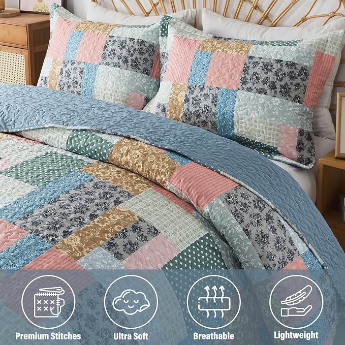 NEWLAKE Quilt Set King Size, Bedspread Sets Vintage Floral Patchwork, Quilt Bedding Set Lightweight and Breathable for All Seasons, Soft Quilted Bedspread with 2 Pillow Shams