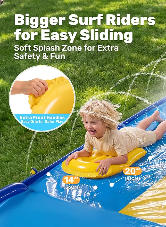 Sloosh Triple Water Slide with 3 BodyBoards, 18FT Lawn Slip Water Splash Slide Summer Toy Splash Pad with Build in Advanced Sprinkler for Kids Adults Backyard Summer Water Fun