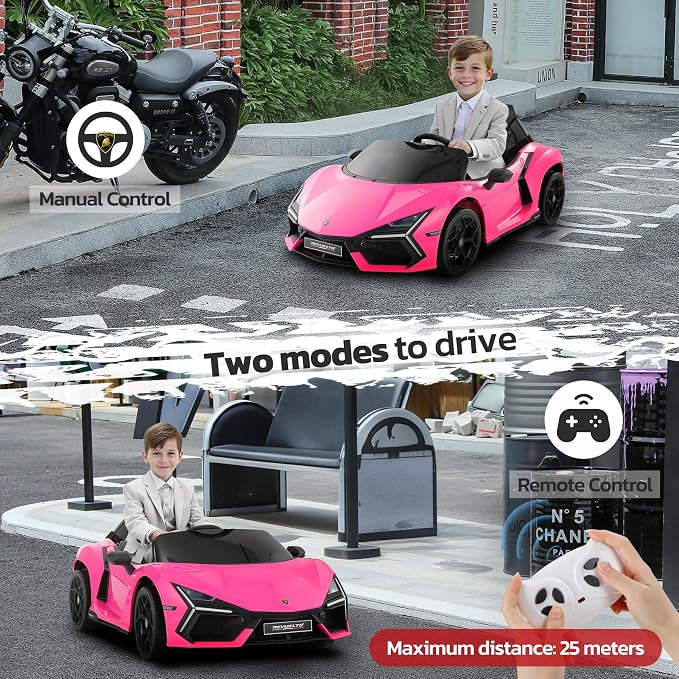 ELEMARA Licensed Lamborghini Car for Kids to Drive with Scissor Door,Toddler Ride on Toys with Remote Control,12V Battery Car for Kid with Bluetooth,MP3 Player,LED Light and Wide Seat, Hot Pink