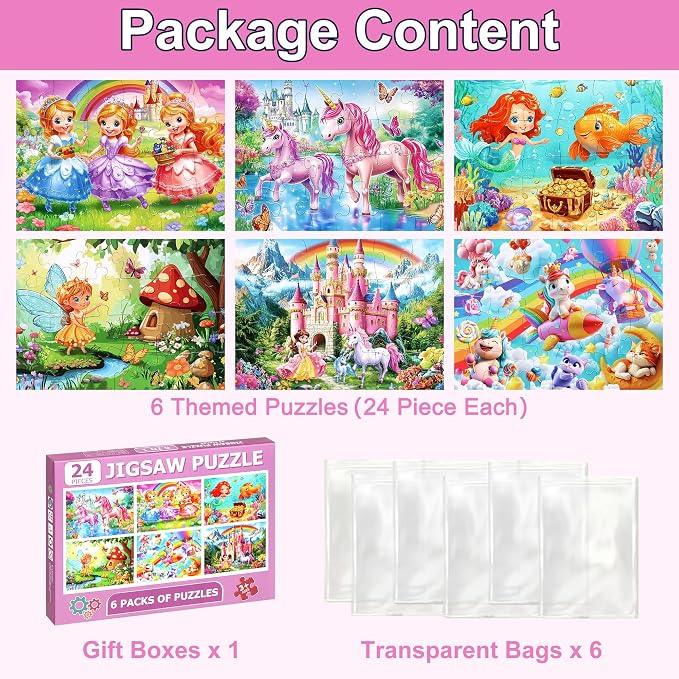 MZZOTOY 6 Packs Puzzles for Kids Ages 4-6, 24 PCS Princess Unicorn Jigsaw Puzzles for Kids Ages 3-5 | 4-8，Preschool Educational Puzzles Toys Gifts for 3 4 5 6 Boys Girls ﻿