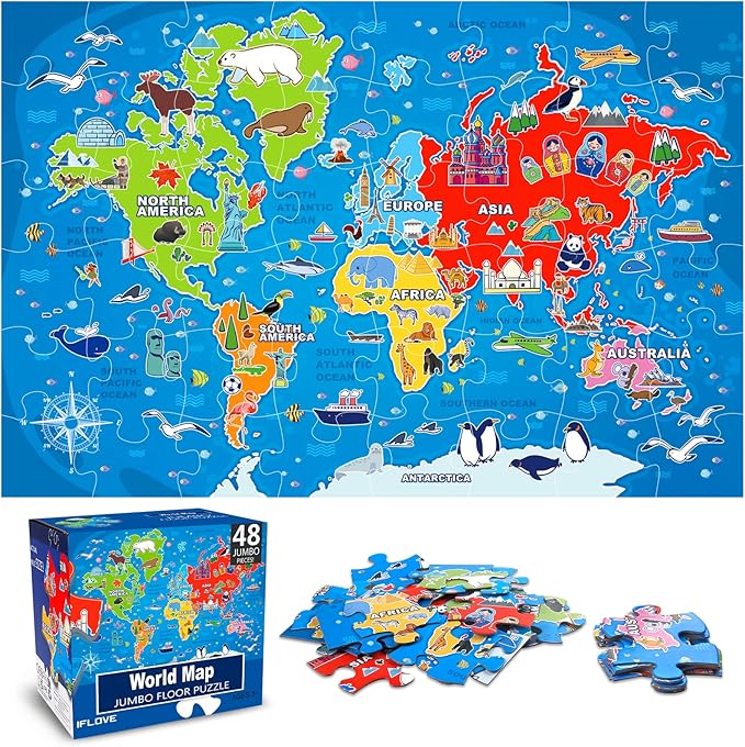 IFLOVE World Map Floor Puzzle for Kids — 48 Piece Jumbo Geography Jigsaw Puzzle, Globe Atlas Puzzle with Continents Animals Landmarks, Educational Toy Birthday for Boys Girls Ages 3-8