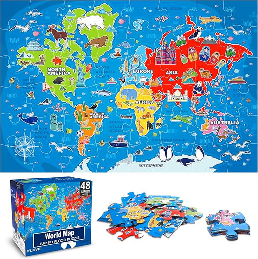 IFLOVE World Map Floor Puzzle for Kids — 48 Piece Jumbo Geography Jigsaw Puzzle, Globe Atlas Puzzle with Continents Animals Landmarks, Educational Toy Birthday for Boys Girls Ages 3-8