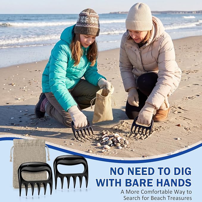 Shimeyao 2 Pcs Sand Flea Rake with Beach Collecting Bag, Sand Scoop with Shovel, Plastic Sands Sifter for Beach, Claw Rake Shell Scooper, Shark Teeth Digger for Picking Up Shell Sea Glass Hunting Tool