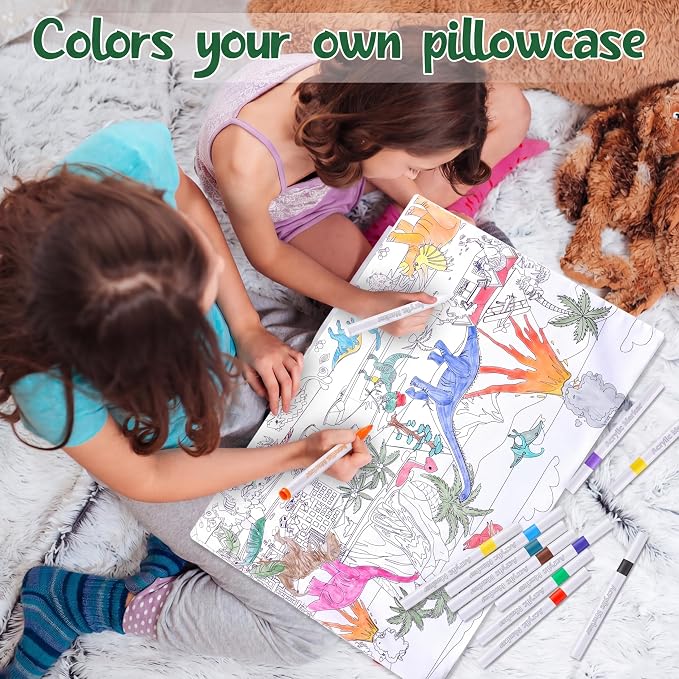 Mindsoft Coloring Craft Coloring Pillowcase Pillow Covers with 12 Pcs Markers Pens for Decoration Supplies Craft, 28.7 x 19.7 Inch (Dinosaur)