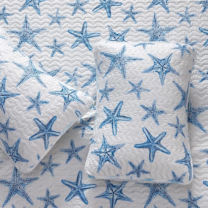Great Bay Home Coastal Quilt Set - 3-Piece Full/Queen Size Nautical Bedding Set - Lightweight, All-Season, Reversible Starfish Bedspread (Blue)