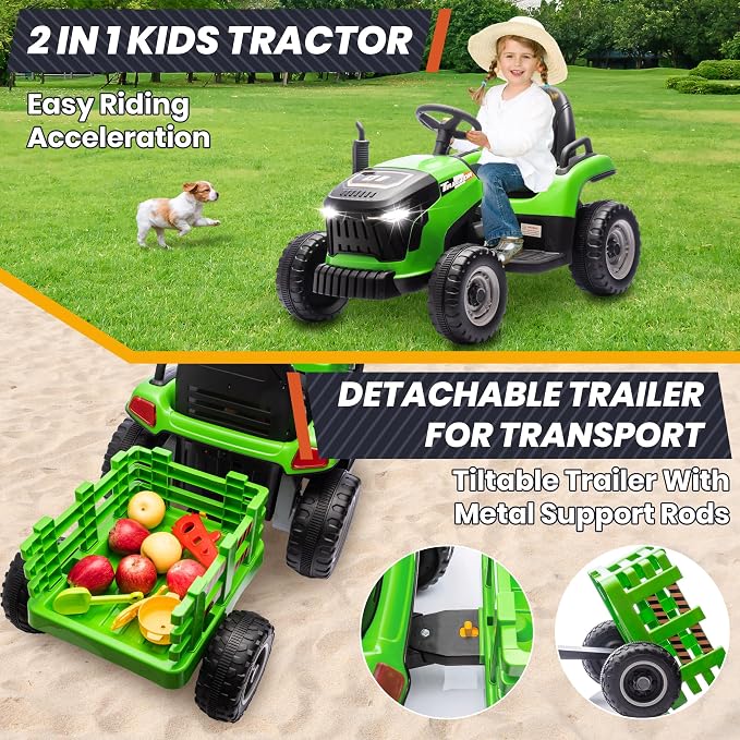JOYRACER 24V Ride On Toys for Kids, Electric Ride on Tractor w/400W Motors, Tiltable & Detachable Trailer, Adjustable Seat, Bluetooth, Music, Remote Control Tractor Toys for Kids Ages 3+, Green