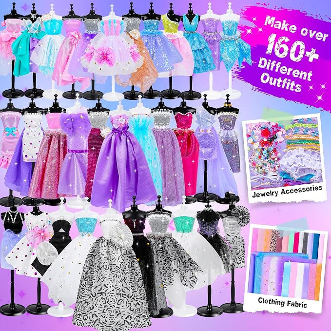 MINIFUN 1500+Pcs Fashion Designer Kit for Girls, Sewing Kit with 7 Mannequins, DIY Arts and Crafts Kit for Kids, Doll Clothes Making Kit, Girl Toys for Age 6 7 8 9 10 11 12 Year Old Gifts