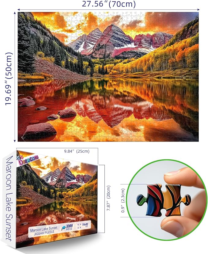 1000 Piece Maroon Lake Puzzle for Adults, Colorado Mountain Lake Landscape with Autumn Foliage and Sunset, 27.56x19.69 Inches Scenic Nature Artwork, Stress Relief & Home Decor, Entertaining Challenge