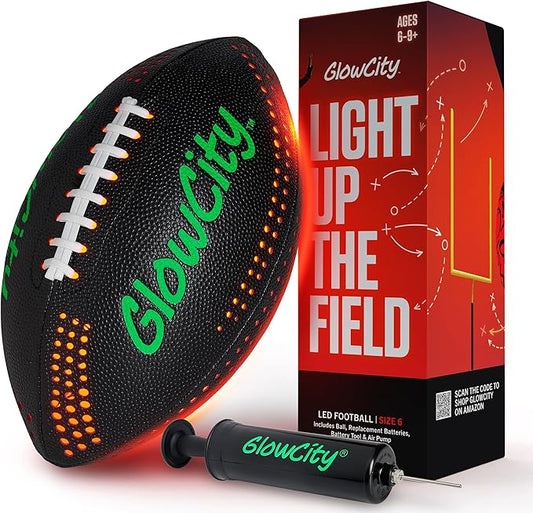 GlowCity Glow in The Dark Football - Size 3/6 Light Up Ball Gifts for Kids, Junior & Teens - Bright Football for Night Outdoor Games - Sports Birthday Gift Ideas for Boys Ages 6 7 8 9 10 11 12 13 14