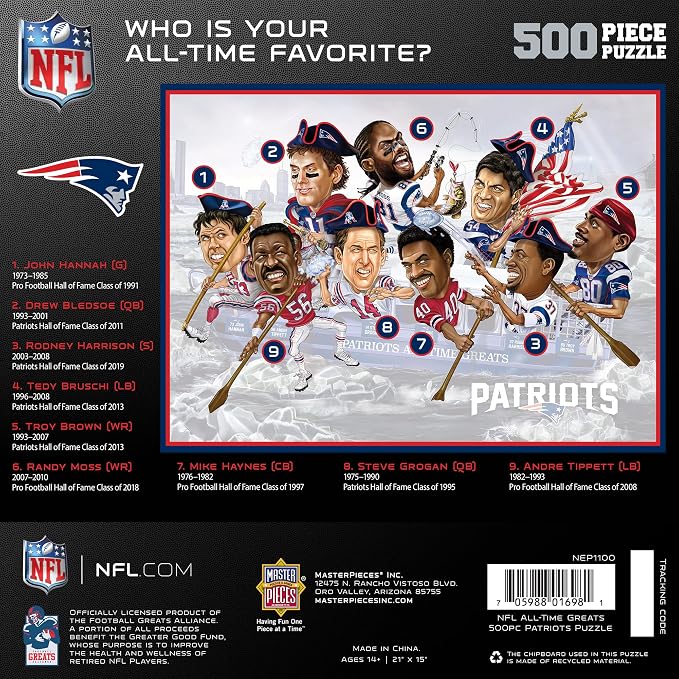 MasterPieces 500 Piece Sports Jigsaw Puzzle for Adults - NFL New England Patriots All-Time Greats - 15x21"