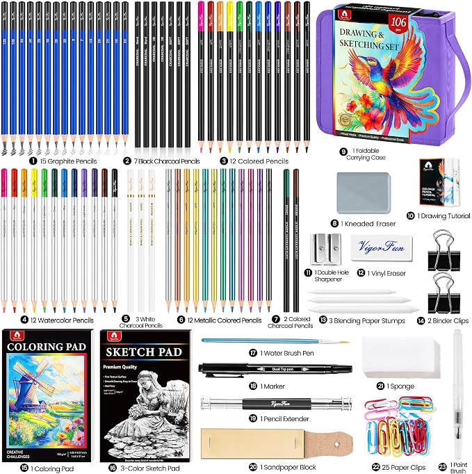 106 PCS Art Supplies Sketching Kit, Pro Drawing Pencils with 3-Color Sketchbook, Coloring Book, Colored Graphite Charcoal Watercolor & Metallic Pencils, Drawing Supplies Gifts for Artists Adults