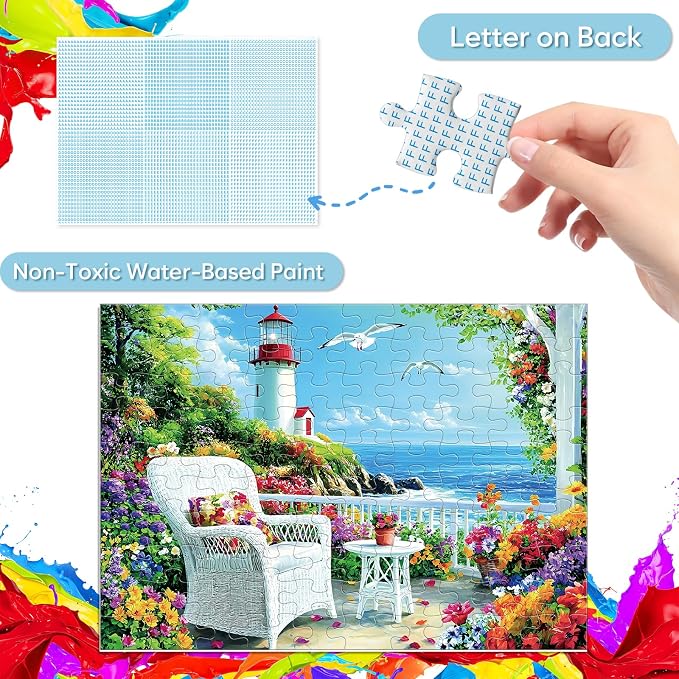 Jeacirio 100 Piece Puzzles for Adults and Seniors, Lighthouse Coastal Jigsaw Puzzle, Colorful Ocean View with Flowers and Seaside Garden, Easy Beginner Puzzle, Large Piece Puzzle Gift for Older Adults