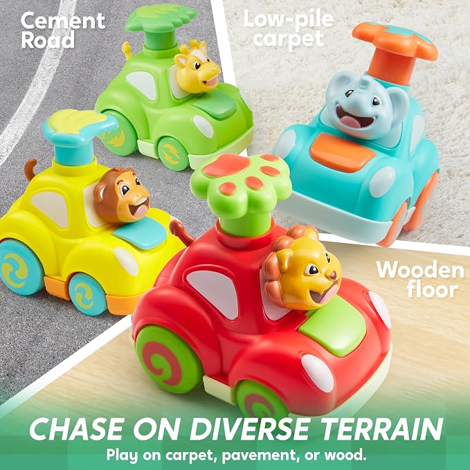 JOYIN Animal Toy Cars, Toddler Toys for Boys Girls, 4 Pack Press and Go Cars Including Elephant, Monkey, Giraffe and Lion, Wind Up Toddler Gift, Birthday Gift for Kids