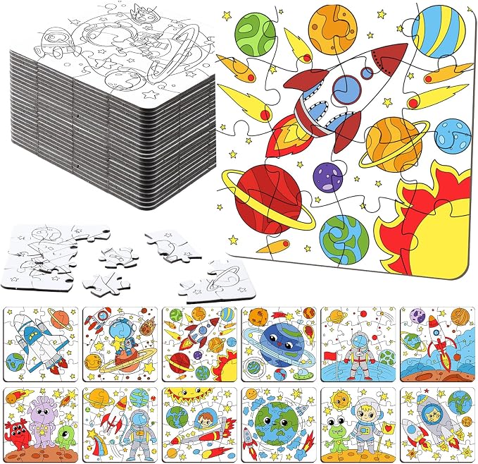 Realspring 24 Pack Outer Space Color Your Own Jigsaw Puzzles for Kids 3-5, 4-6, 6-8, Coloring Crafts DIY Paper Puzzles Party Favors Gifts for Toddler Children Learning Education Toys