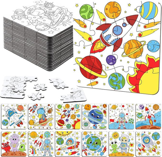 Realspring 24 Pack Outer Space Color Your Own Jigsaw Puzzles for Kids 3-5, 4-6, 6-8, Coloring Crafts DIY Paper Puzzles Party Favors Gifts for Toddler Children Learning Education Toys