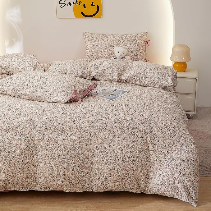 Pink Floral Comforter Set Twin XL, Aesthetic Botanical Flowers Comforter with 2 Bow Ties Pillowcases, Lightweight Cute Girls Floral Bedding Comforter Vintage Cottagecore Comforter Set for All Season