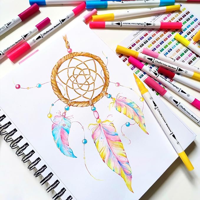 Ohuhu Markers for Adult Coloring Books No Bleeding 60 Colors Coloring Markers Water-based Dual Tips Fineliner & Brush Drawing Pens Art Pens for Kids Adults Sketch Journal - Maui - White