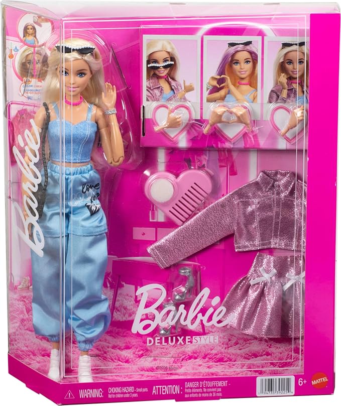 Barbie Deluxe Style Doll in Metallic Pink Barbiecore Skirt and Jacket, 4 Fashions, 4 Accessories, 4 Interchangeable Hands, 2 Shoes & Color Change Hair