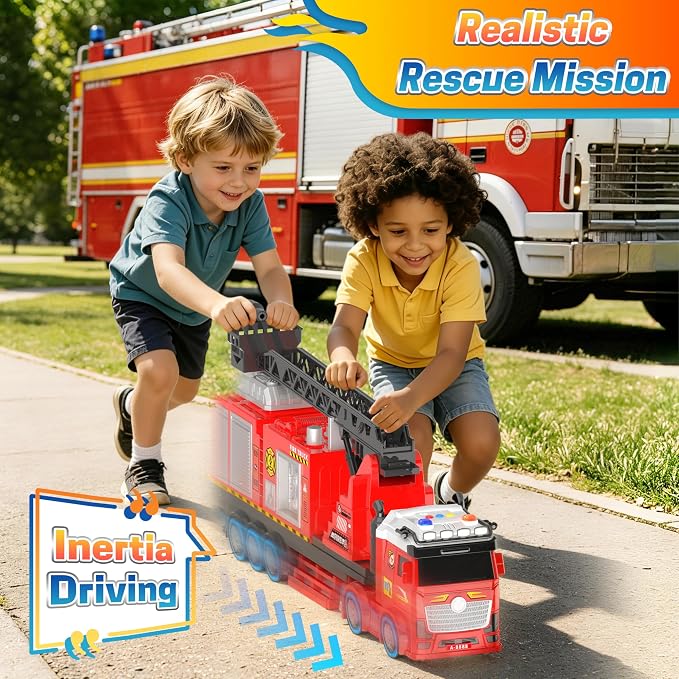 Extra Large Fire Truck Toys for Kids, 27'' Extendable Ladder 180° Rotating, Light & Sound Fire Trucks for Toddlers 3-5, Inertia Drive Firetruck Toys, Dual Water Spray Nozzles, for 3+ Boys