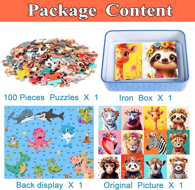MZZOTOY Beautiful Wild Animals Puzzles for Kids Ages 4-8, 100 Pieces Jigsaw Puzzles for Kids Ages 3-5 Puzzle for Girls and Boys Learning Educational Puzzles Toys in a Metal Box