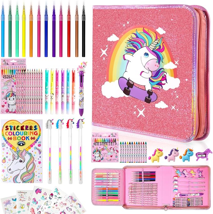 CozyJoyz Unicorn Washable Marker Set, 59 Pcs Arts and Crafts Coloring Set for Kids, Drawing Art Supplies Birthday Gifts for Girls Toys 4-9 Year Old (Pink)