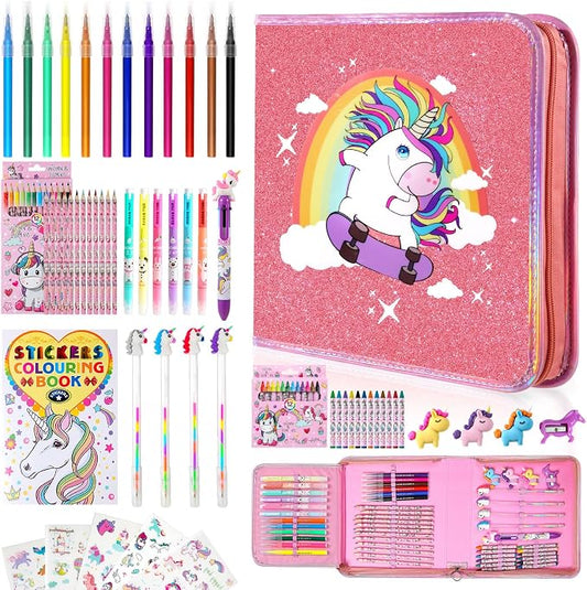 CozyJoyz Unicorn Washable Marker Set, 59 Pcs Arts and Crafts Coloring Set for Kids, Drawing Art Supplies Birthday Gifts for Girls Toys 4-9 Year Old (Pink)