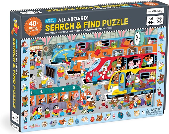 Mudpuppy All Aboard! — 64 Piece Search & Find Puzzle Jigsaw Puzzle Featuring A Busy Train Station with Adorable Animal Passengers and Over 40 Hidden Images to Find for Ages 4+