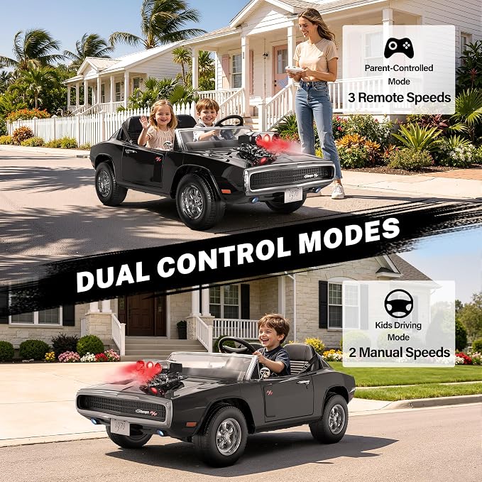 Licensed 1970 Dodge Charger 24V Ride on Toys for Big Kids, 2 Seater Ride on Car with Parent Remote Control, Dual 120W Motors, Bluetooth Music, LED Lights, Hood Supercharger with Mist, 5 MPH