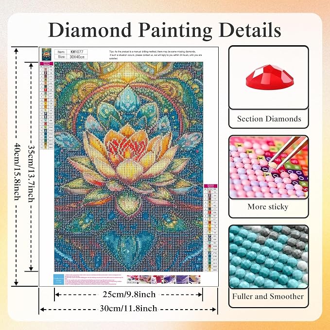 CHWGLFGG Mandala Lotus Diamond Painting Kit for Adults, 5D Full Round Drill Diamond Art Beginners Canvas for Home Wall Decor, DIY Paint by Diamonds Dot Gem Craft12x16 Inch
