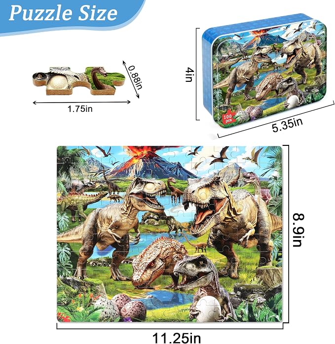MZZOTOY Dinosaur World Puzzles for Kids Ages 4-8, 100 Pieces Jigsaw Puzzles for Kids Ages 3-5 Puzzle for Girls and Boys Learning Educational Puzzles Toys in a Metal Box