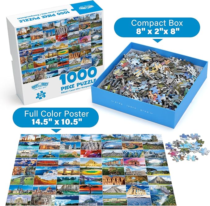 BenBen Puzzles for Adults 1000 Pieces, 56 Famous World Scenic Landmarks, Travel Poster Landscape Challenging Puzzle, Jigsaw Puzzles with Letters or Patterns on Back