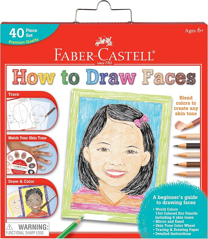 Faber-Castell World Colors How to Draw Faces Kit - Learn to Draw Portraits for Beginners - 40 Piece Skin Tone Coloring Pencils and Paper Art Set