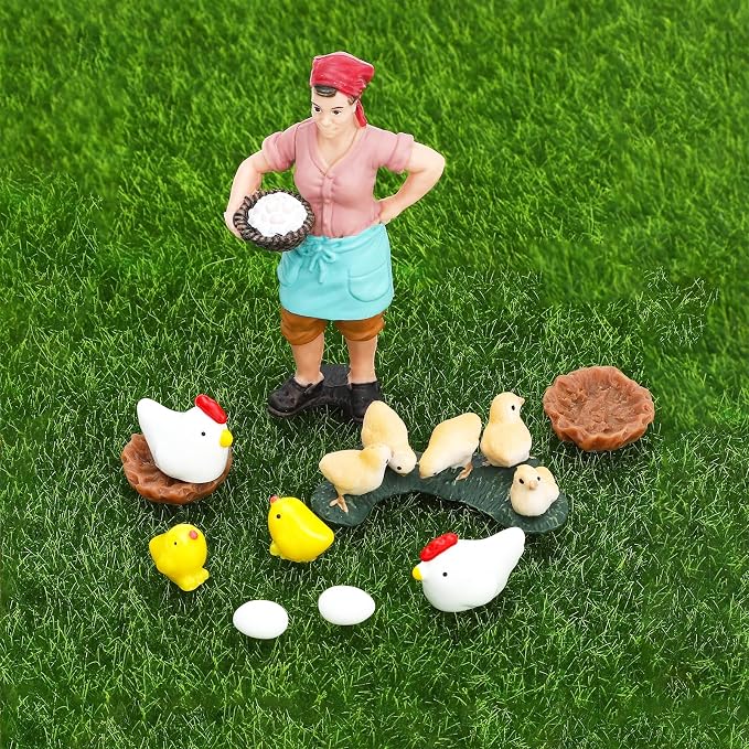 ONEST 16 Pieces Mini Farmer Figurines Hand Painted Chicken Coop Figures Realistic Detailed Hen Chick Chicken Nest Farmer Farm Animal Figurine Model