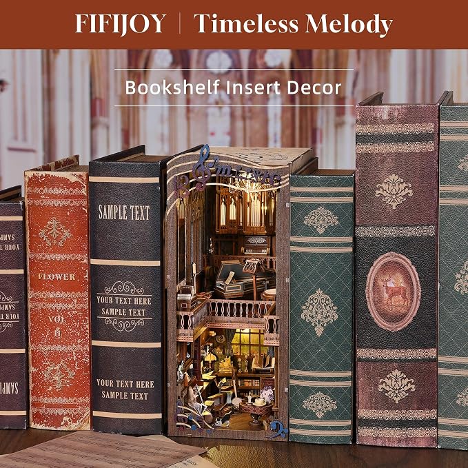 fifijoy Book Nook Kit Music, DIY Miniature House Kit Book Nook, 3D Wooden Puzzle Bookshelf Insert Diorama Kit with Led Light for Teens and Adults (Timeless Melody)