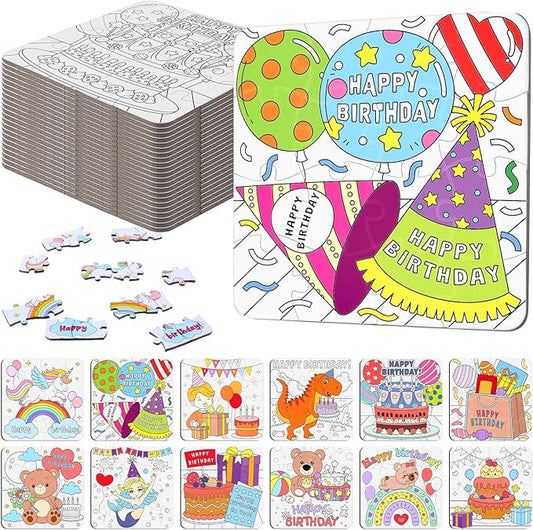 Realspring 24 Pack Happy Birthday Color Your Own Jigsaw Puzzles for Kids 3-5, 4-6, 6-8, Coloring Crafts DIY Paper Puzzles Party Favors Gifts for Toddler Children Learning Education Toys