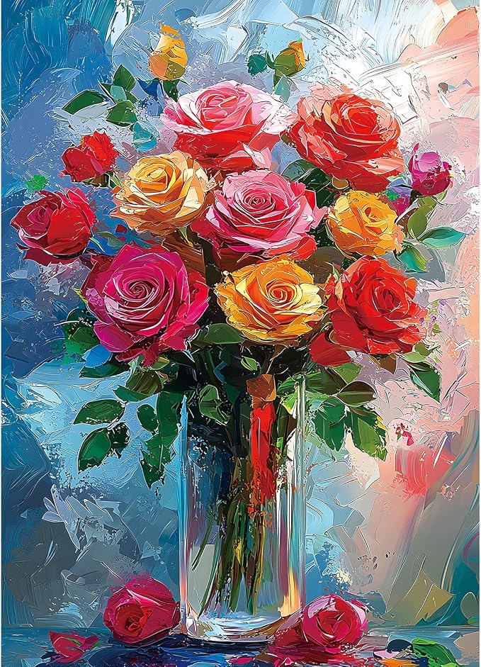 1000 Piece Puzzles for Adults, Rose Flowers Jigsaw Puzzles 1000 Pieces for Adults Oil Painting Floral Art Design with Letters On Back for Family Challenging Decor Great Gift, 27.5 x 19.7 Inch