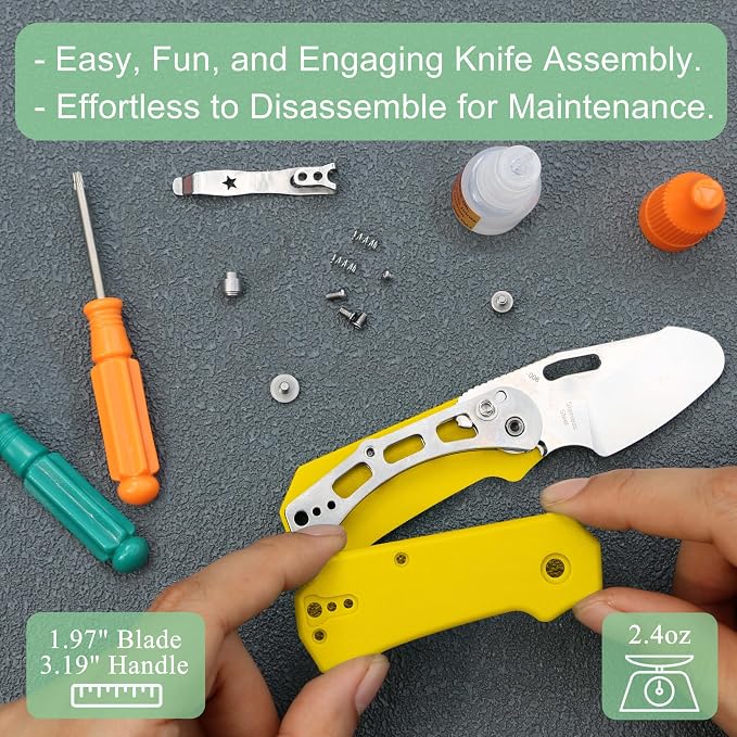 JIN Rhino Jr. Kids Pocket Knife, DIY Knife Kit, Fidget Toy Knives, 1.97” Unsharpened Steel Blade, Rounded Tip, Button Lock Folding EDC, Yellow G10 Handle