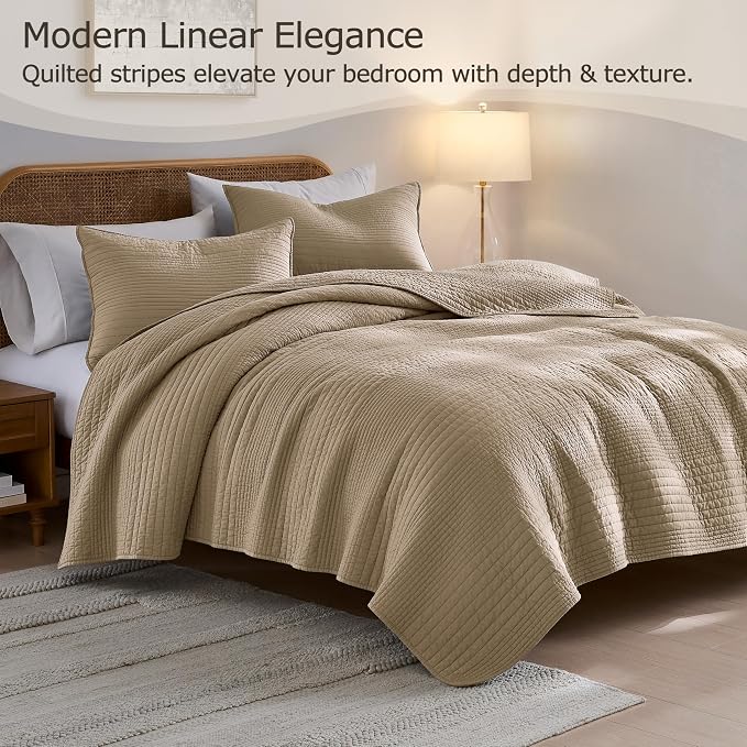 palassio Striped Dark Beige 100% Cotton Quilt King Size Bedding Sets, Lightweight Crinkly Channel Pick Stitch Textured Bedspread Soft Shabby Chic Farmhouse Country Coverlet for All Season, 2 Shams