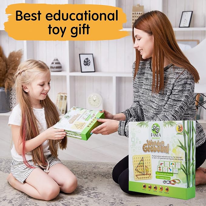 Panda Brothers Wooden Geoboard - Montessori Toys for 3 4 5 Year Old Kids and Toddlers, Educational Toy with 30 Pattern Cards and 40 Rubber Bands to Create Figures, Brain Teaser STEM Toy Geo Board