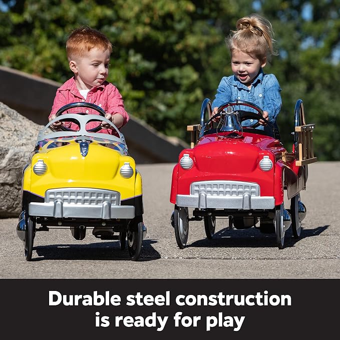 Kid Trax Fire Truck Pedal Car for Toddlers, Ages 3-5, Easy Assembly, Durable Steel, Indoor/Outdoor Ride-On, 60lbs Max, Classic Style, Functional Steering, Red, Kids Fire Truck Ride-On, Vintage