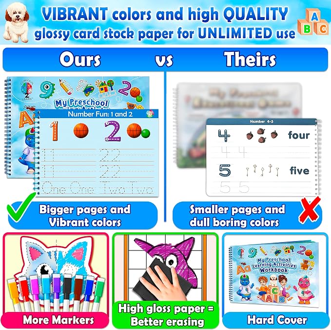 Curious 2 Learn Hardcover Preschool Activity Workbook for Kids Ages 3–5 – 32 Montessori Learning Activities with 9 Markers – ABC, Numbers, Colors & Shapes – Educational Gift for Boys & Girls