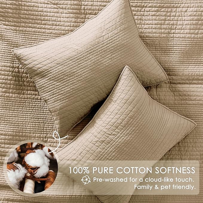 palassio Striped Dark Beige 100% Cotton Quilt King Size Bedding Sets, Lightweight Crinkly Channel Pick Stitch Textured Bedspread Soft Shabby Chic Farmhouse Country Coverlet for All Season, 2 Shams