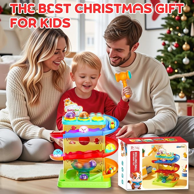 2-in-1 Rolling Ball & Car Ramp Race Track for Toddlers, Hammer Ball Drop Toy for Boys & Girls, Interactive Playset w/Sensor Lights - Montessori STEM Learning Toys for Kids 1-5+ Year Old