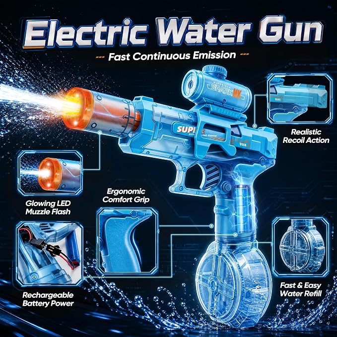 GONINO Electric Water Gun for Kids & Adults, Automatic LED Water Sprayer with Long Range Stream, Leak-Proof Rechargeable Battery Powered Outdoor Pool Toy, Summer Party Gift for Boys Girls, Blue