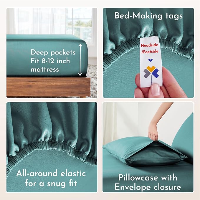 California Design Den Natural 100% Cotton Sheets Twin XL Size Set - Soft Sateen, Twin XL Sheets Set, 12" Pockets, Breathable & Durable Bedding for Dorm Rooms, College Teal (Deep Tone)