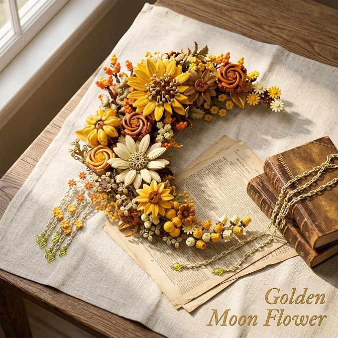 Gloden Moon Flower Building Set, Botanical Collection Artificial Flowers Building Blocks Kit Compatible with Lego for Adults Home Décor Wall Art Decoration