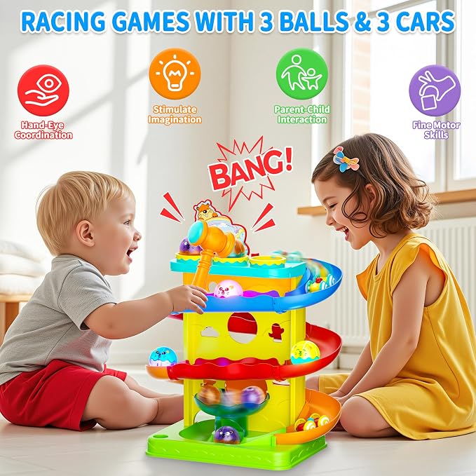 Funwee 2-in-1 Light Up Rolling Ball & Racing Car Ramp Toddler Toy, Race Track Hammer Ball Drop Toys, Interactive Montessori Learning Game for Kids 1-5+ Year Old Girl Boy Gift(Yellow)
