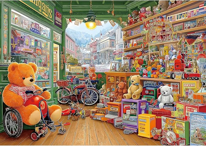 1000 Piece Puzzle for Adults Vintage Toy Store Jigsaw Puzzle Letters on Back Fun Cool Unique Adventure Scene Bears Shop Family Challenge Puzzles for Game Night (26.75" x 19.75")
