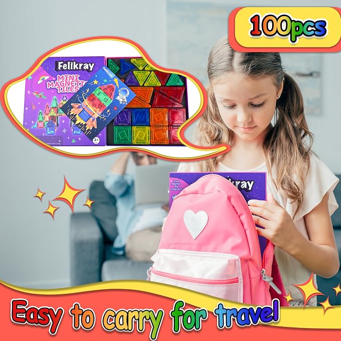 100pcs Mini Magnetic Tiles, Travel Kids Toys STEM Magnet Toy, Easter Basket Stuffer for Toddler Magnetic Blocks Building Preschool Learning Sensory Montessori Toy for Boys and Girls